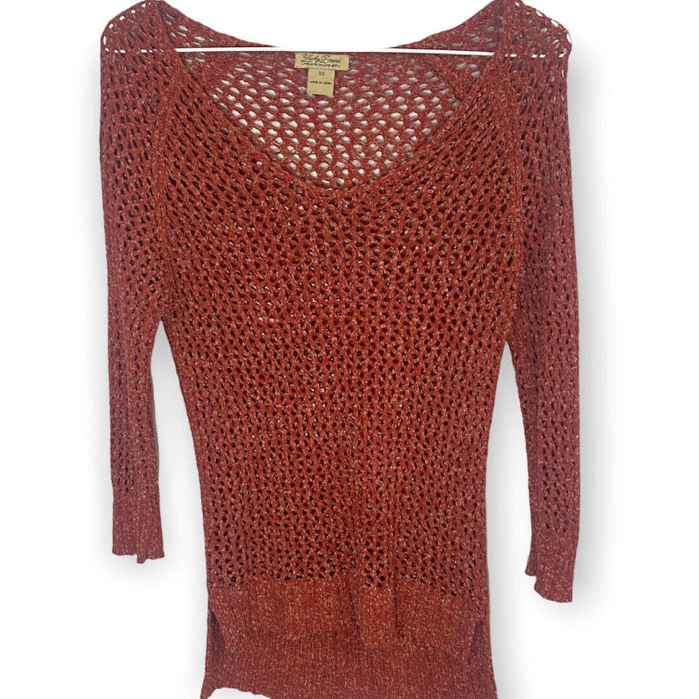 Lucky Brand Burnt Orange Open Weave Knit Long Sleeve Sweater Scoop Neck Size XS